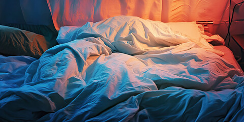 A disheveled bed, covered in rumpled sheets and hiding untold secrets.