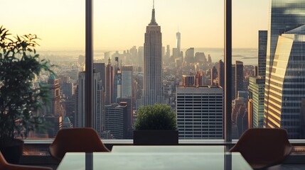 A view of the city from inside an office building, the New York skyline visible through glass windows. Trees can be seen outside, with towering skyscrapers in the distance. 