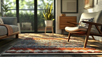 Plush, textured area rug framing a cozy, mid-century inspired sitting area