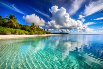 Fototapeta premium Tropical beach with white sand turquoise water and palm trees