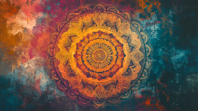 Mandala colorful vintage art, ancient indian vedic background design, old painting texture with multiple mathematical shapes. Mandala. Illustration