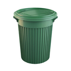 A green trash bin with a lid, suitable for waste disposal in outdoor or indoor environments, promoting cleanliness and hygiene.