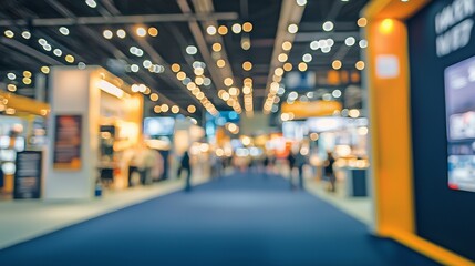 Dynamic business expo with a lively trade show floor, featuring booths, displays, and attendees in a vibrant, well-lit environment.