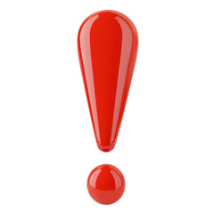 A shiny red exclamation mark symbol representing warning, attention, or important information., isolated on a transparent background.