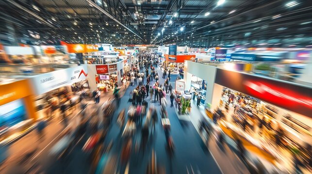 Dynamic business expo with a lively trade show floor featuring bustling crowds and vibrant booths.