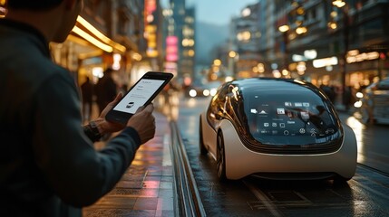 Person using a smartphone app to summon an autonomous electric car in a city street
