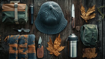 Flat lay of outdoor camping gear including a hat, knife, and backpack on a rustic wooden surface