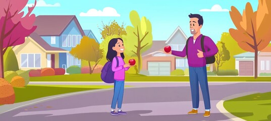  A father stands in the middle of his driveway, holding out an apple to his daughter as she walks towards him . The background is a suburban neighborhood with trees and houses in a flat cartoon style.