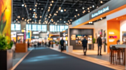 A vibrant trade show floor with booths, attendees, and bright lighting, showcasing a dynamic business expo atmosphere.