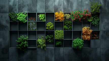 Fototapeta premium Green lush wall on a residential building with diverse plants, symbolizing eco-friendly living and urban greenery.