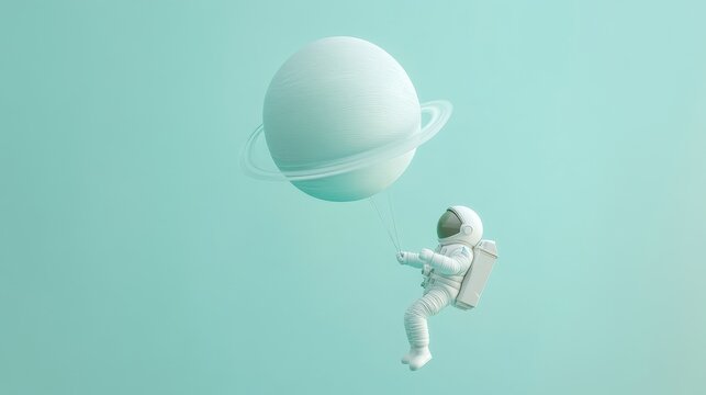 Playful astronaut floating through the cosmos attached to a planet-shaped balloon creating a whimsical cosmic adventure with soft colors and clean lines