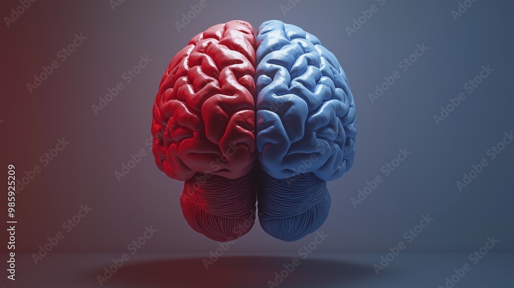 Poster a 3d illustration of a human brain split into red and blue hemispheres, symbolizing cognitive functi