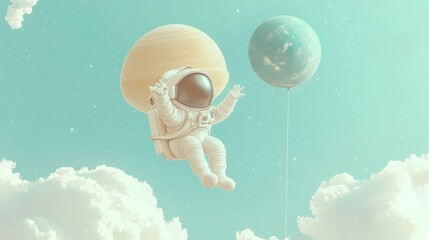 Playful astronaut floating through the cosmos attached to a planet-shaped balloon creating a whimsical cosmic adventure with soft colors and clean lines
