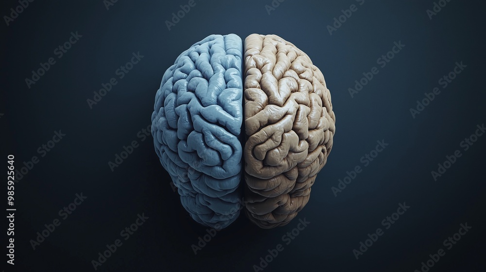 Poster image of a human brain split into two hemispheres, representing left and right brain functions in ps
