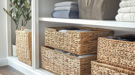Organized closet system with woven baskets, neatly folded clothes, and a potted plant, symbolizing order and natural aesthetics.