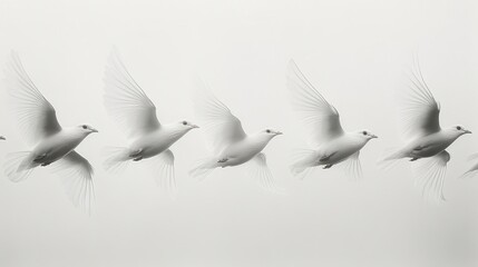 Obraz premium flock of white birds in flight dynamic vformation various wing positions crisp silhouettes against clear sky sense of freedom and movement