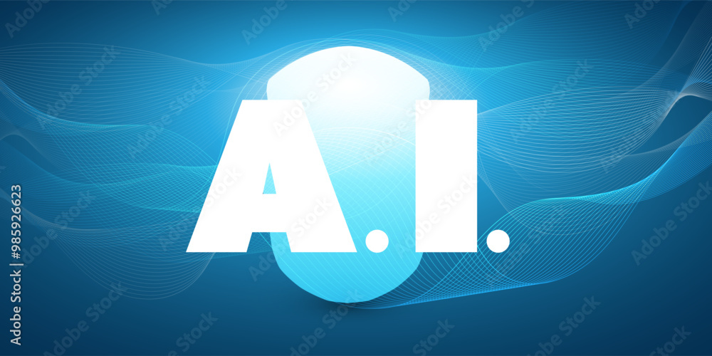 Poster blue ai, mi, deep learning and future technology concept design with bold letters of the artificial 