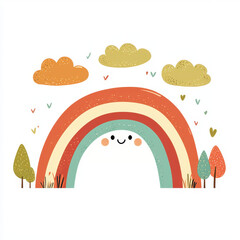 A cute happy rainbow with clouds and trees, in the clipart style, white background.