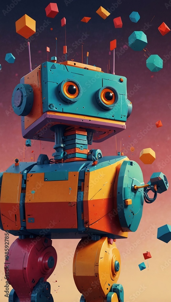 Poster colorful robots gathered with geometric shapes on a playful background.