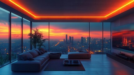 Obraz premium futuristic android in a sleek minimalist living space metallic body contrasts with soft ambient lighting floortoceiling windows reveal a neon cityscape at night