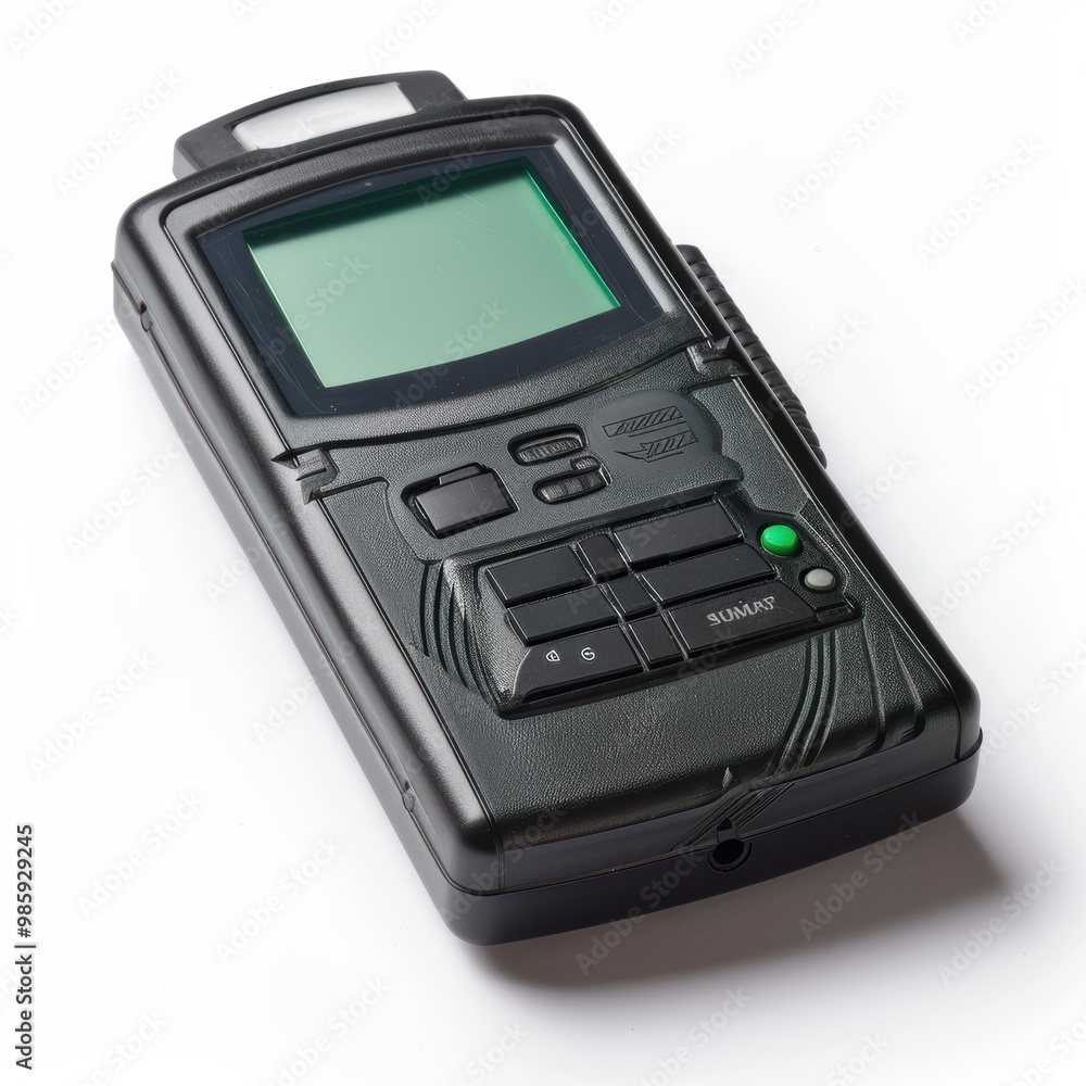 Poster black handheld electronic device with keypad and small screen lying on white background