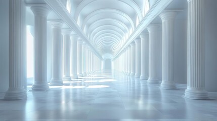 futuristic architecture endless white corridor with sleek pillars stretching to vanishing point soft ambient light clean lines sense of infinity and possibility
