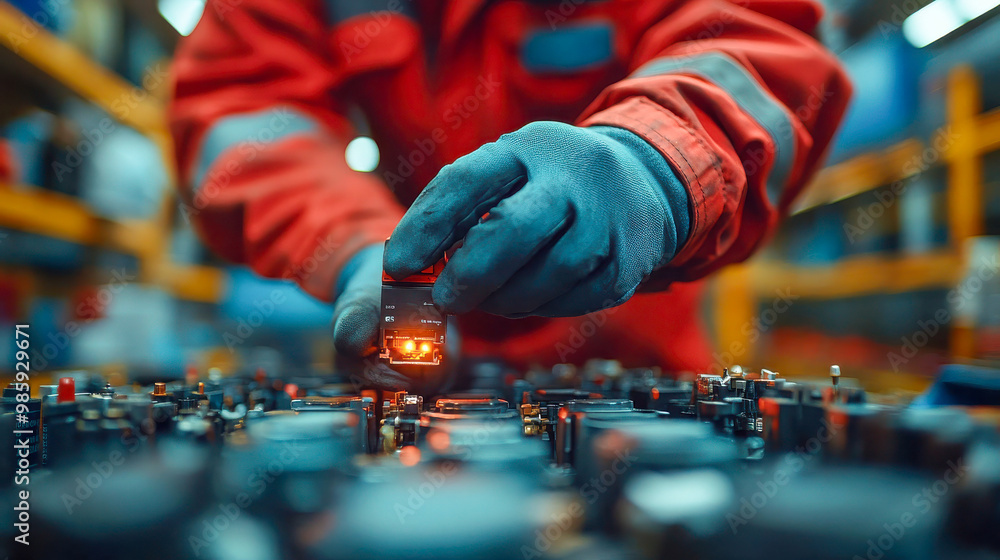 Poster close-up shot of a mechanic's hands working on an engine part, glowing with warm light, symbolizing 