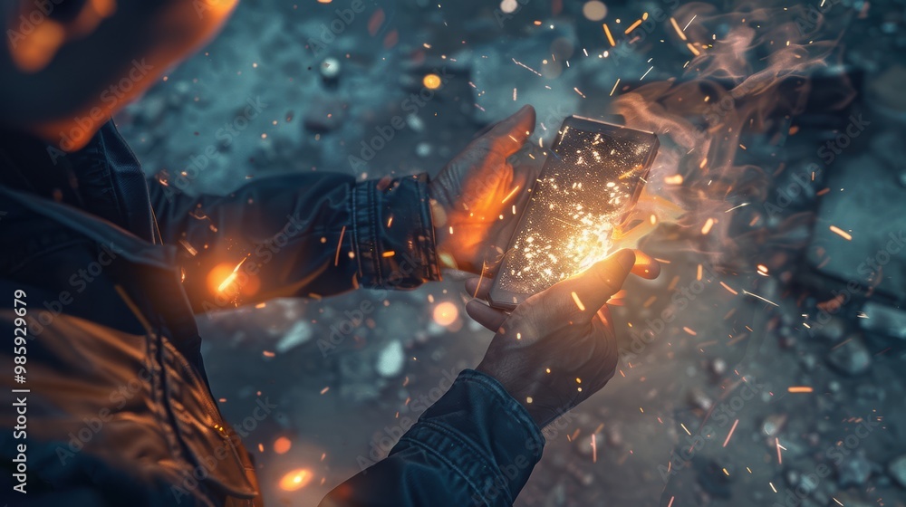 Poster man holding exploding smartphone with sparks flying out