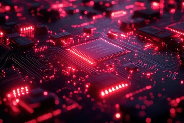 Fototapeta premium futuristic circuit board closeup with pulsating red leds intricate patterns of copper traces and silicon chips create a mesmerizing technolandscape bathed in crimson glow