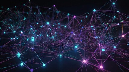 A network of interconnected glowing lines and nodes, representing global digital communication and technology, set against a dark background with vibrant blue and purple tones 