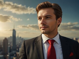 Confident businessman looking ahead, embracing a bright future.