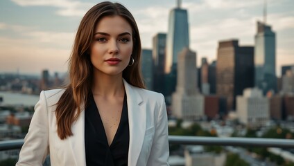 Confident woman in a white blazer by the city skyline.