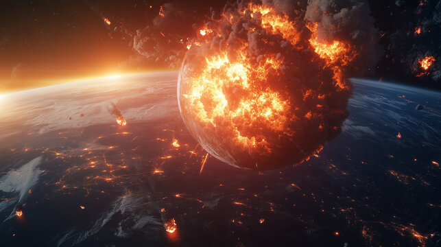 Exploding Planet in Space. A dramatic and fiery depiction of a planet exploding in space, with flames and debris scattering across the cosmos.