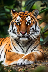 Naklejka premium Close-up of a tiger lying in the jungle and relaxing on a blurred background