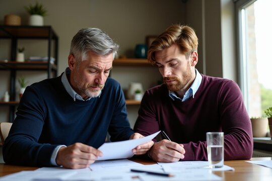 elder man with man discussing holding paper at room, generative AI
