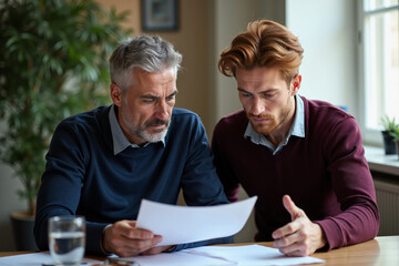 elder man with man discussing holding paper at room, generative AI