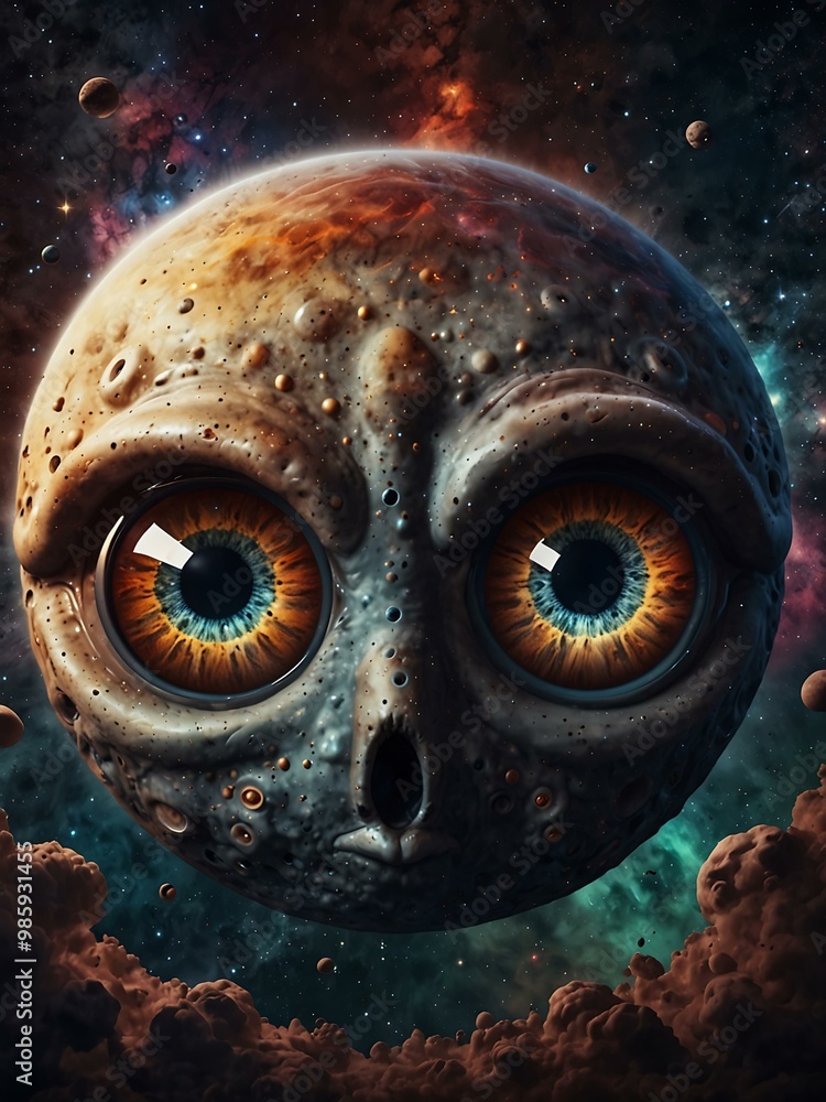 Aufkleber cosmic scene with multiple large eyes and celestial elements.