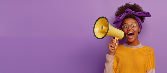 Happy young Black woman in yellow sweater,  announcing sale offers through a megaphone, isolated on a pastel purple background with copy space. Screaming into the megaphone. Studio portrait.
