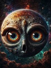 Cosmic scene with multiple large eyes and celestial elements.