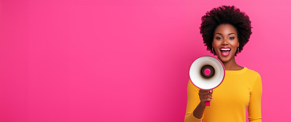 Happy young Black woman in yellow sweater,  announcing sale offers through a megaphone, isolated on a pastel pink background with copy space. Screaming into the megaphone. Studio portrait.