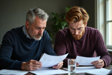 elder man with man discussing holding paper at room, generative AI