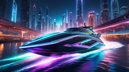 Fototapeta premium A futuristic speedboat races through a neon city, sleek design trailing sparkling lights behind it