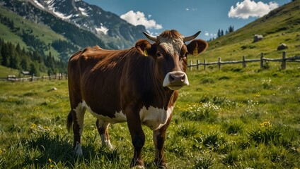 Cow curiously standing in Alpine meadows.