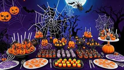 Halloween treats like candy corn and chocolates arranged with ghost figures and pumpkins, creating a playful holiday scene
