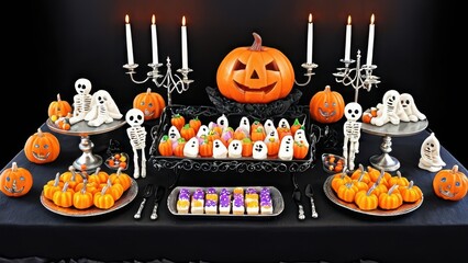 A spooky Halloween-themed table setting with candy corn, pumpkin decorations, and cute ghost figurines, capturing the spirit of the holiday