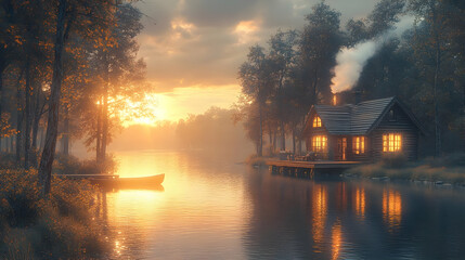 Fototapeta premium Cabin in the Woods at Sunset 3D Illustration
