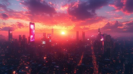 Fototapeta premium futuristic cyberpunk cityscape at sunset neonlit skyscrapers with holographic advertisements glitchy digital effects add edgy hightech atmosphere to urban sprawl