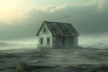 A weathered, abandoned house stands alone in a foggy, desolate landscape.