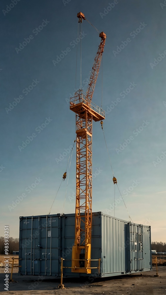 Poster crane lifting a modular building with large windows against a clear sky.