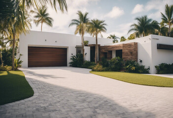 Modern home in Miami brick driveway with landscaping and palm trees garage door is white and brown